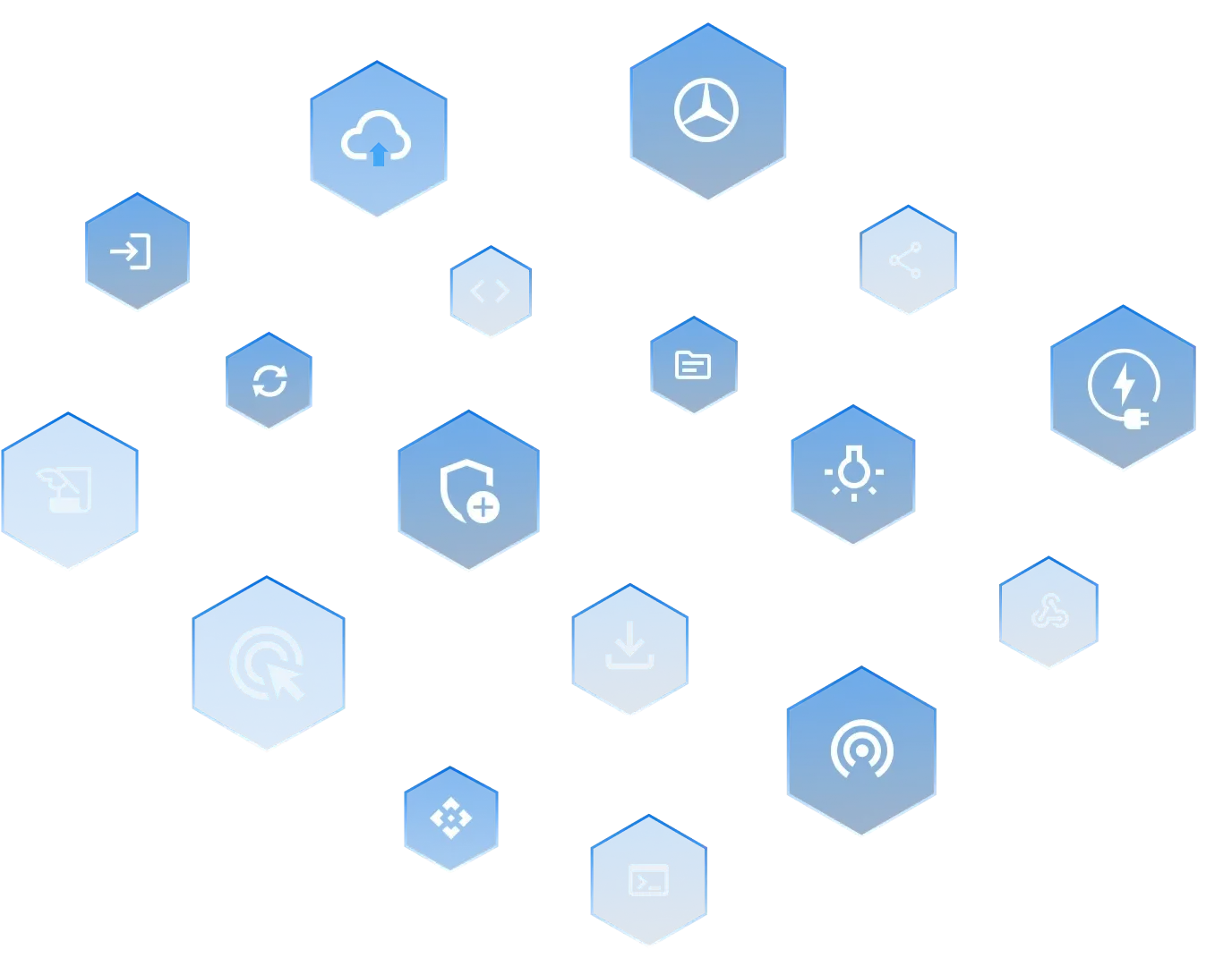Hexagons mit unterschiedlichen Icons zum Thema Technologie